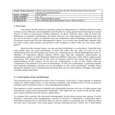 Article review : Does Game-Based Learning Work? Results from Three Recent Stu...