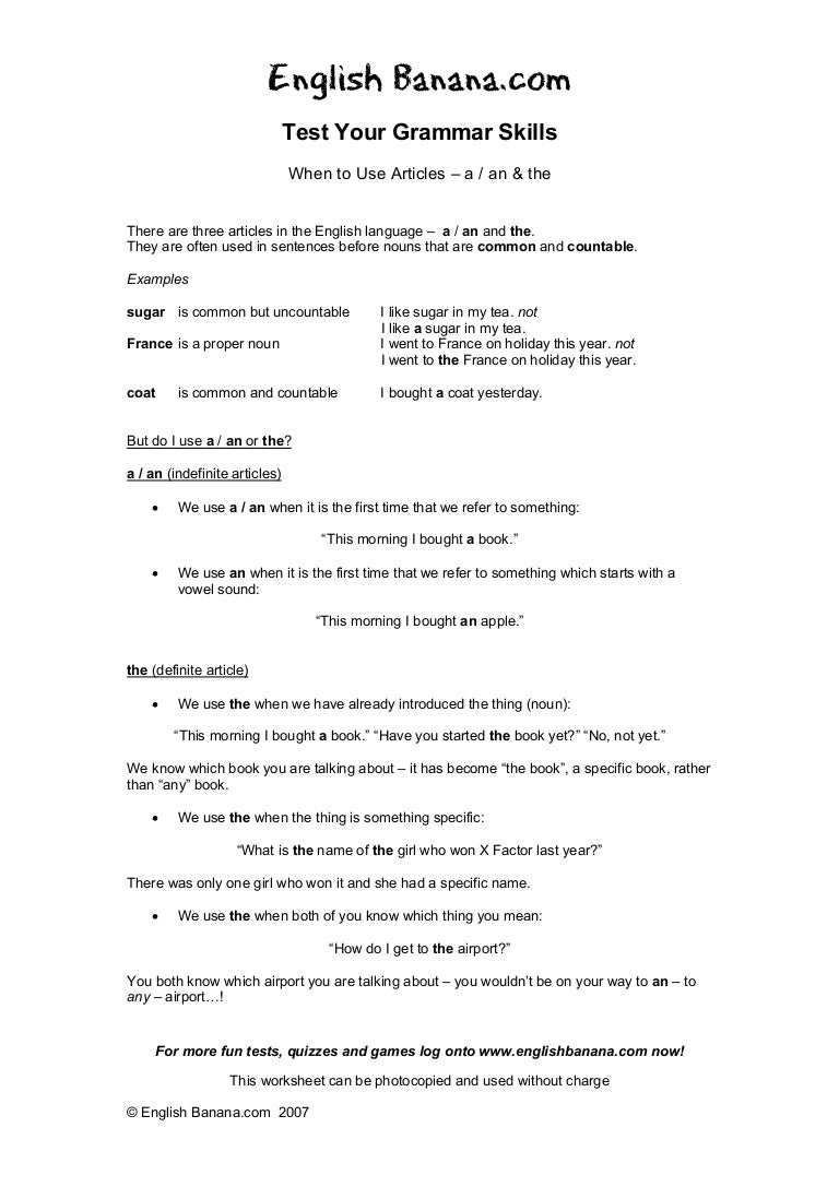 Worksheet Articles A An And The articles a an and the
