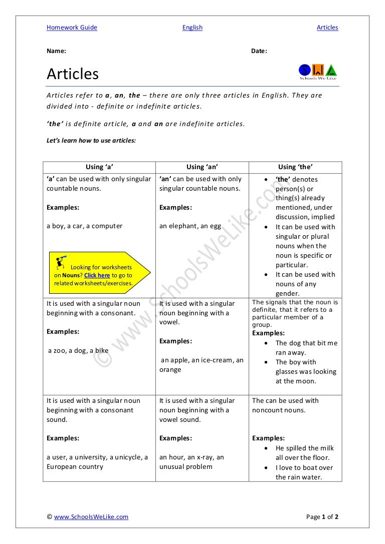 Articles A An The - Practice Worksheet by SWL
