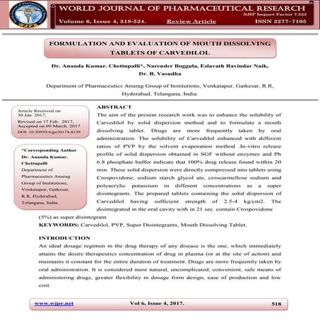 FORMULATION AND EVALUATION OF MOUTH DISSOLVING TABLETS OF CARVEDILOL