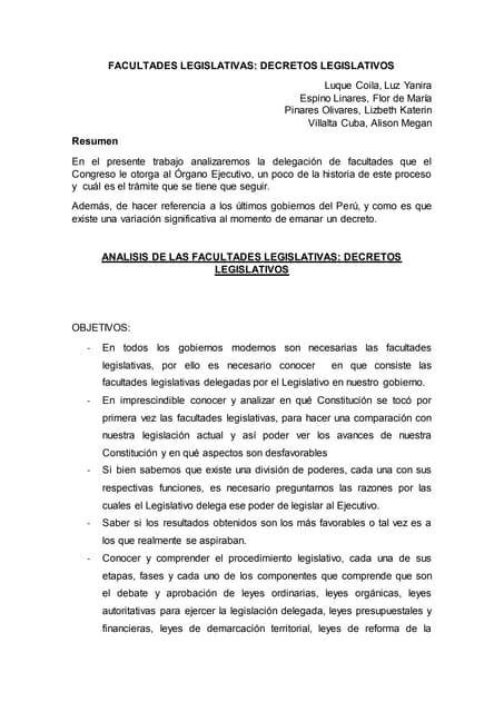 FACULTADES LEGISLATIVAS: DECRETOS LEGISLATIVOS