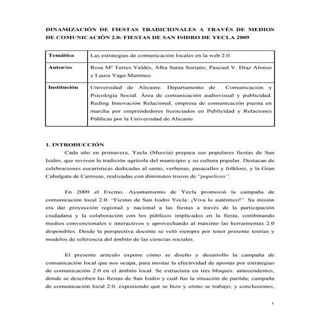 COMLOC 2009: “Dinamización de fiestas tradicionales a través de medios de comunicación 2.0: Fiestas de San Isidro de Yecla 2009”