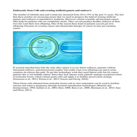 Artificial gamete and embryo from stem cells