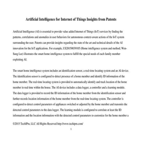 Artificial Intelligence for Internet of Things Insights from Patents
