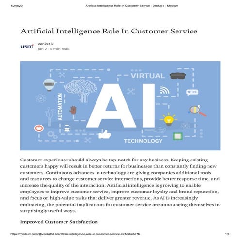 Artificial intelligence role in customer service   venkat k - medium