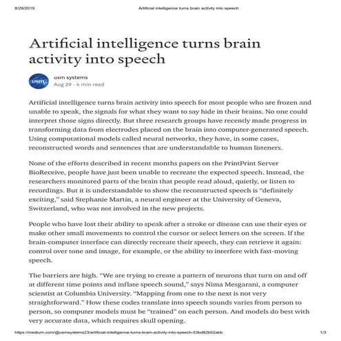 Artificial intelligence turns brain activity into speech