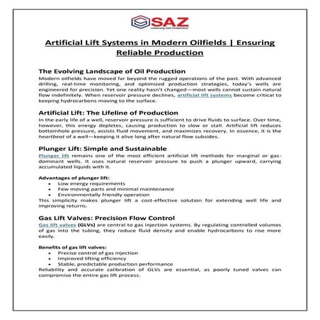 Artificial Lift Systems in Modern Oilfields Ensuring Reliable ...