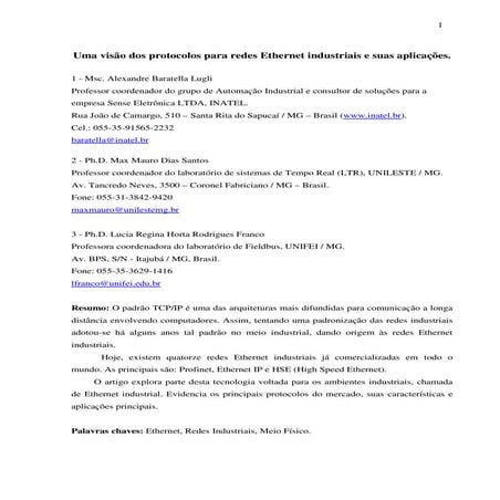 Artigo   2008 - uma visao dos protocolos para redes ethernet industriais e su...