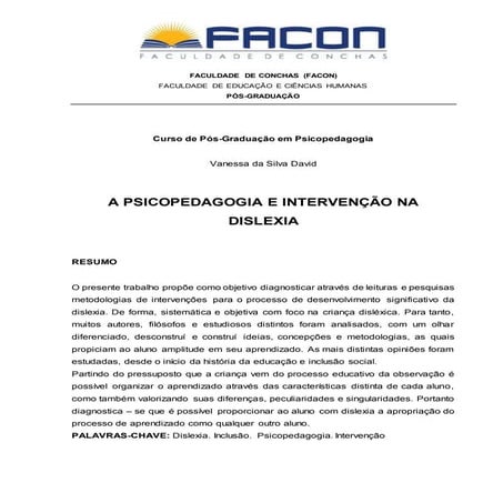 Artigo   a psicopedagogia e intervenção na dislexia