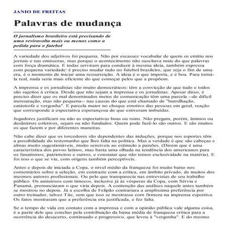 Artigo - Palavras de Mudança - Jânio de Freitas