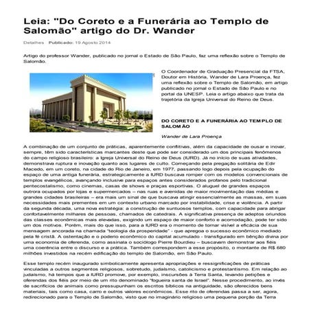 (Artigo) Do coreto e a funerária ao Templo de Salomão