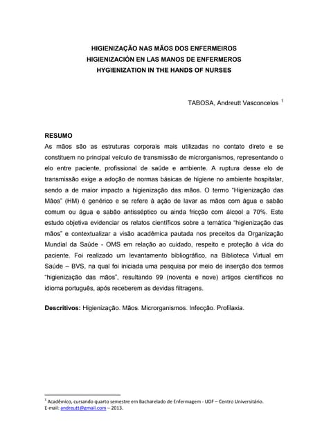 Artigo Higienização das Mãos
