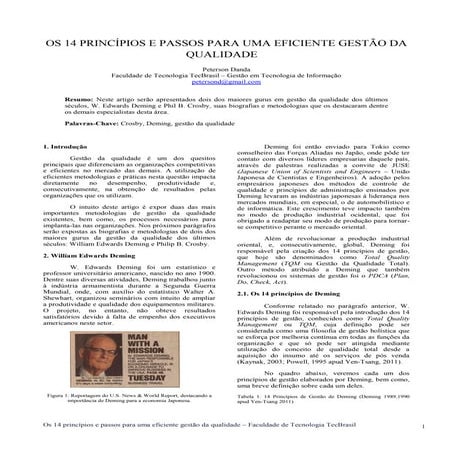 Artigo: OS 14 PRINCÍPIOS E PASSOS PARA UMA EFICIENTE GESTÃO DA QUALIDADE