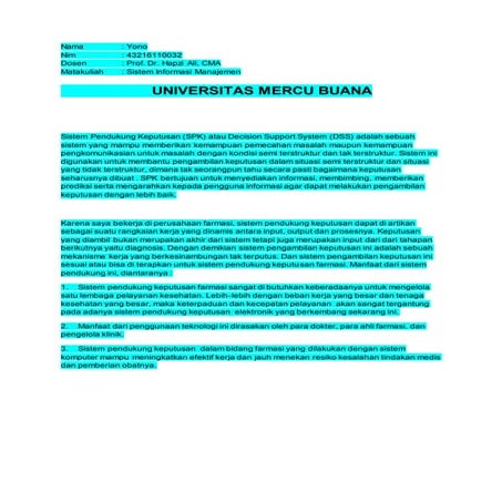 SIM 12, YONO, PROF. Dr. HAPZI ALI CMA, Sistem Pendukung Pengambilan Keputusan, UNIVERSITAS MERCU BUANA 2017