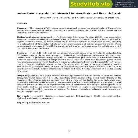 Artisan Entrepreneurship A Systematic Literature Review And Research ...