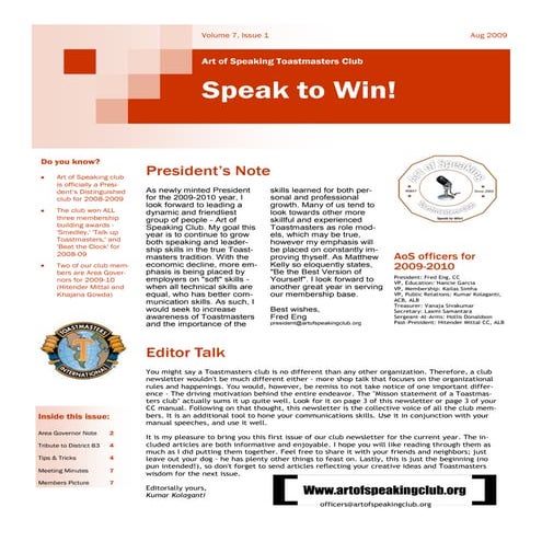 Artof Speaking Aug2009 Newsletter