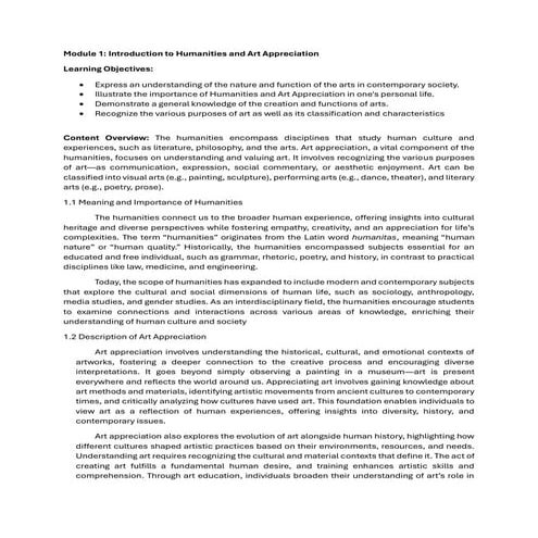 Arts appreciation By analyzing example readings/videos, students learn to exa...