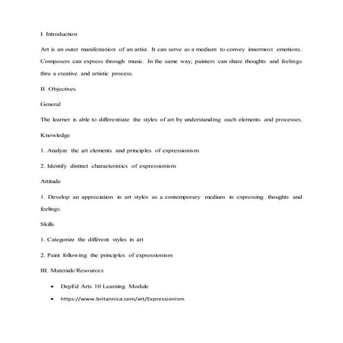 Arts 10 expressionism lesson exemplar