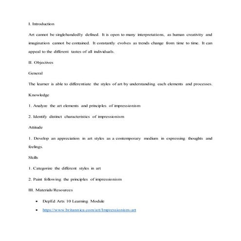 Arts 10 impressionism lesson exemplar