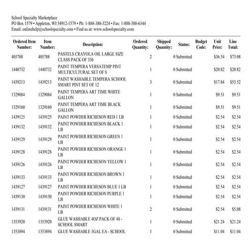 6-8 Grade Art Supply Order