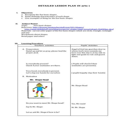 MAPEH Arts Lesson Plan For Grade 1 2