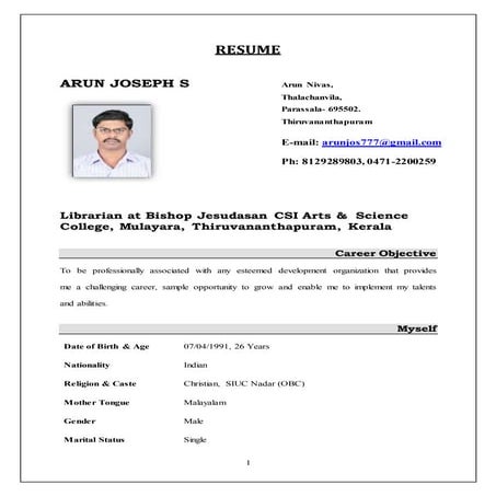 Arun Joseph  MLISc, UGC NET (Resume 05 oct 2017)