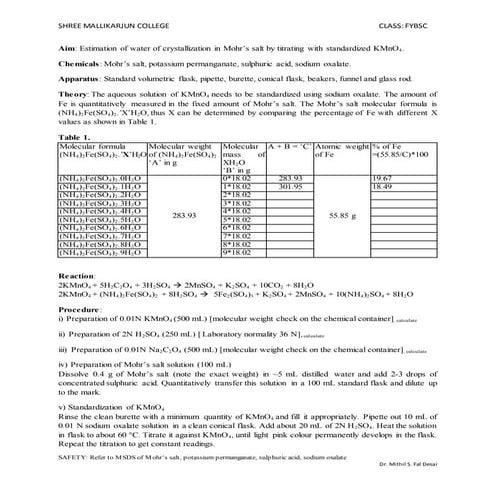 Estimation of water of crystallization in Mohr’s salt by titrating with stand...