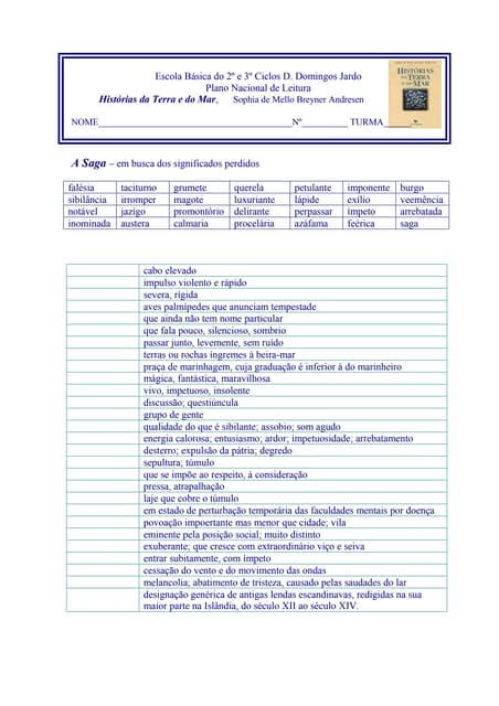A Saga - ficha de vocabulário