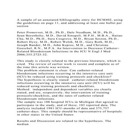 A sample of an annotated bibliography entry for HCM402, using the .docx