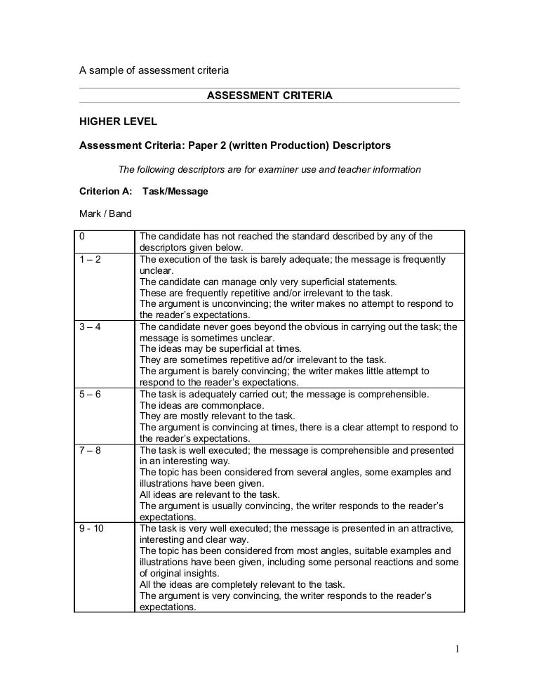 A sample of assessment criteria