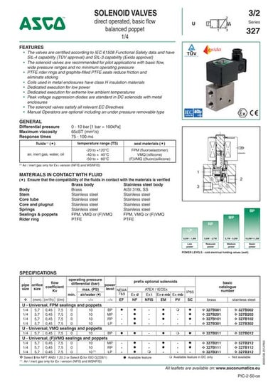 ASCO ATEX Solenoid Valves - 327 Series - Spec Sheet