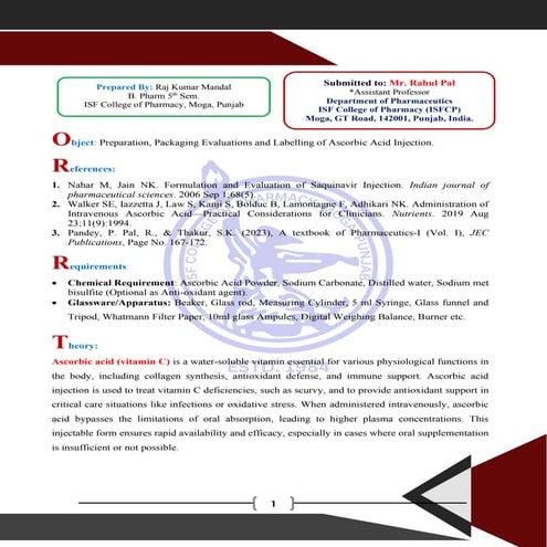 Preparation, Packaging, Evaluation, Labelling of Ascorbic Acid Injection