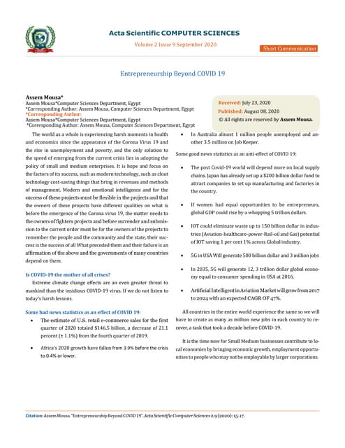 Entrepreneurship Beyond COVID 19