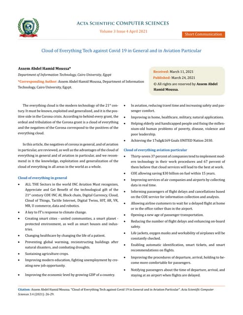 Cloud of Everything Tech against Covid 19 in General and in Aviation Particular