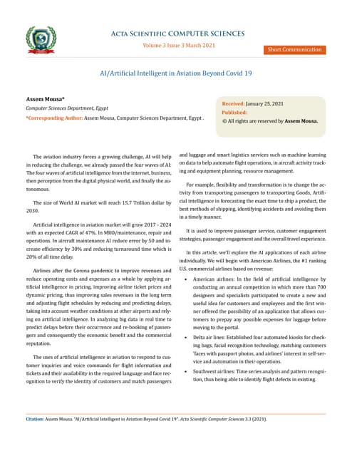 AI/Artificial Intelligent in Aviation Beyond Covid 19