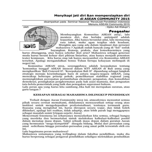 MAHASISWA DAN GENERASI MUDA DALAM MENGHADAPI MEA 2015 - DJOKO AW