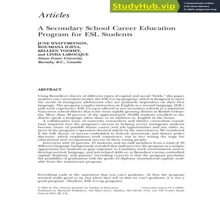 A Secondary School Career Education Program For ESL Students