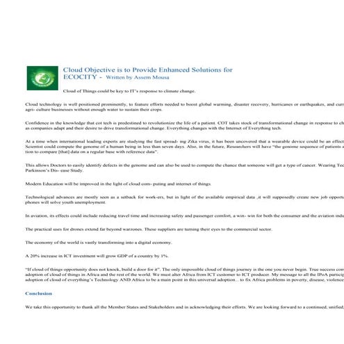 Cloud Objective is to Provide Enhanced Solutions for ECOCITY 