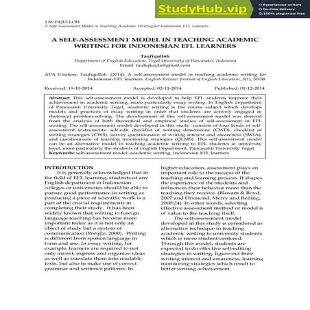 A SELF-ASSESSMENT MODEL IN TEACHING ACADEMIC WRITING FOR INDONESIAN EFL ...