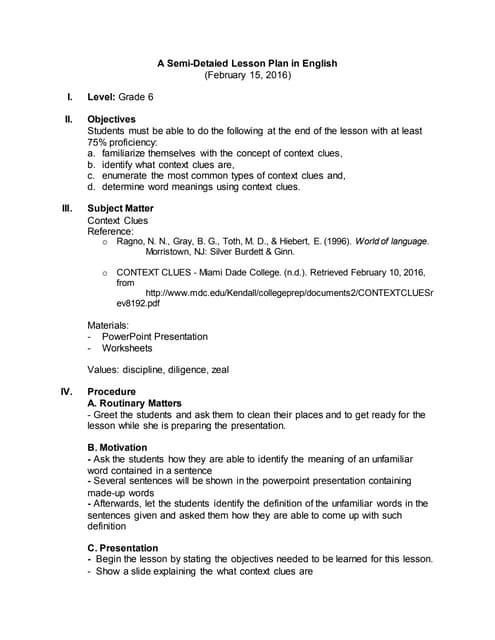 A semi detailed lesson plan for english