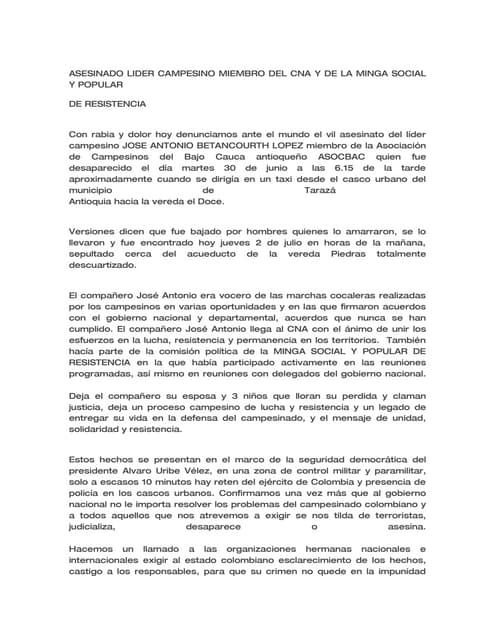 Asesinado Lider Campesino Miembro D...