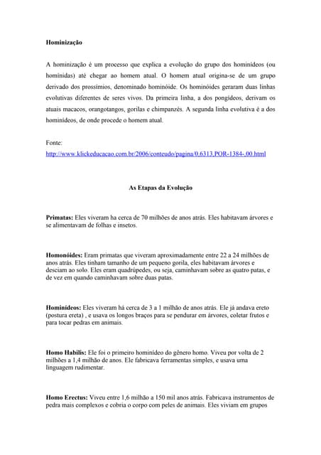 Hominização - Texto utilizado em sa...