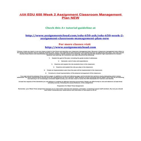 Ash edu 650 week 2 assignment classroom management plan new | DOC
