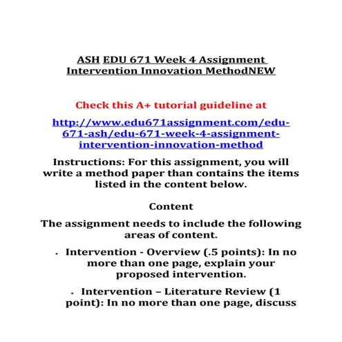 Ash edu 671 week 4 assignment intervention innovation method new