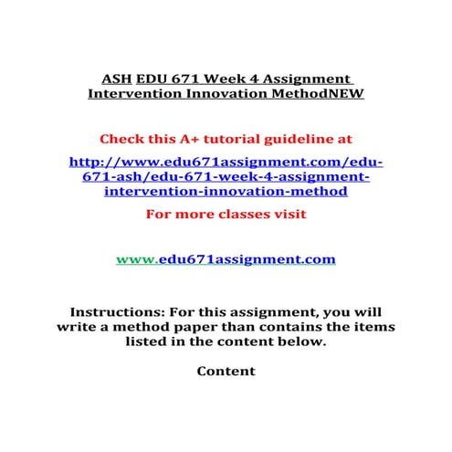 Ash edu 671 week 4 assignment intervention innovation method new