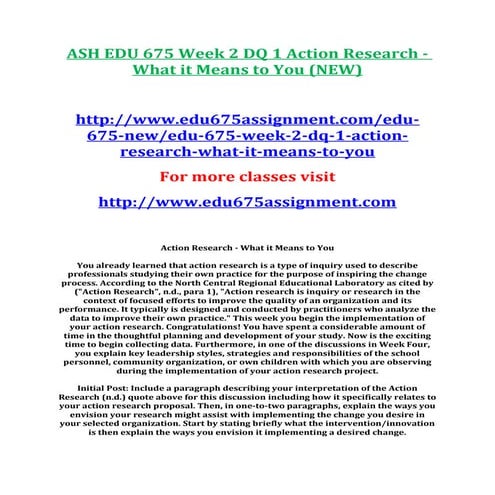 Ash edu 675 week 2 dq 1 action research