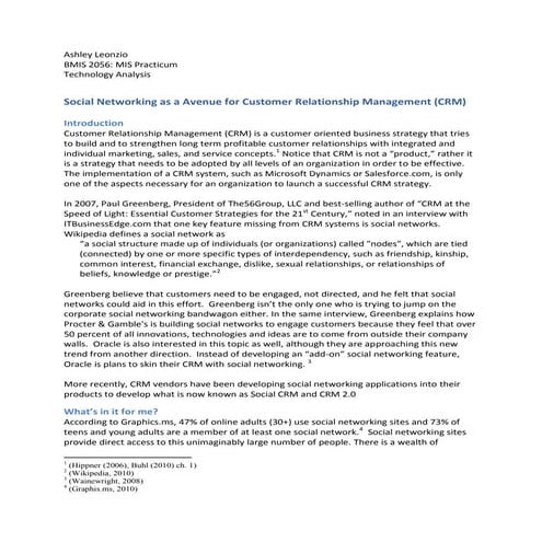 Technology Analysis - Social Networking as an Avenue for CRM