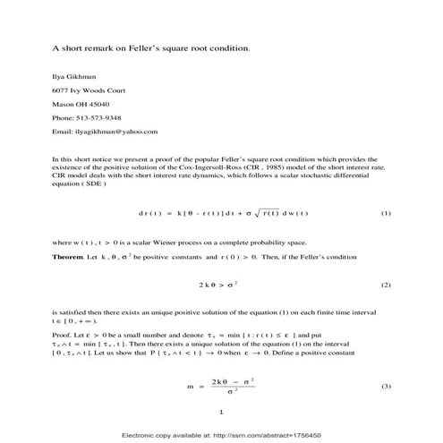 A short remark on Feller’s square root condition.