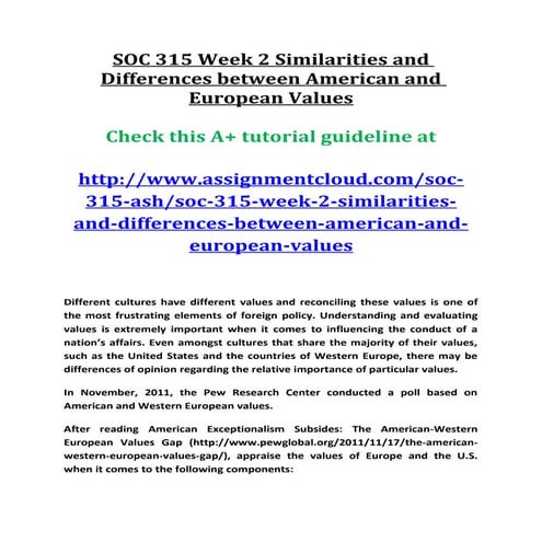 Ash soc 315 week 2 similarities and differences between american and european values