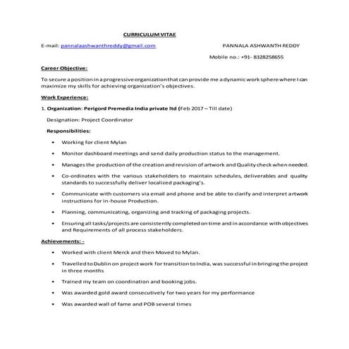 Looking for Project co- ordinator Role